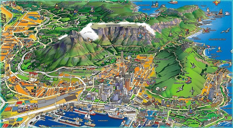 bird's eye view illustration of downtown Cape Town and table Mountain